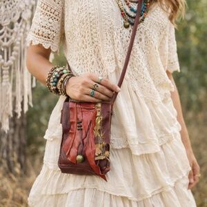 Joyce Sepalla Burgundy Leather Appliqué Crossbody Bag Boho OS